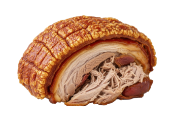 Perfectly slow-roasted Pernil with golden crispy crackling skin & tender succulent meat, isolated on transparent background, bright studio lighting, no shadows, concept for commercial food