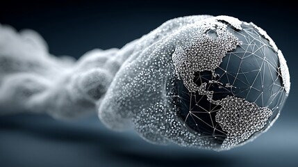  Wireframe Globe, Rotating Abstract Lines, And Cloud Matrix Pattern Over A Deep Digital Blue Field. The Imagery Evokes Ideas Of Cloud Computing, Global Stra