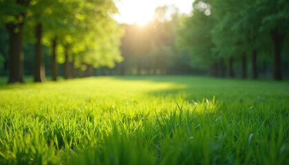 Green grass field under bright sunlight. Trees form natural border along path. Soft light filters through leaves creating dappled shadows on vibrant lawn. Peaceful outdoor scene perfect for