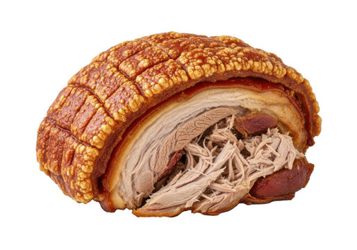 Perfectly slow-roasted Pernil with golden crispy crackling skin & tender succulent meat, isolated on transparent background, bright studio lighting, no shadows, concept for commercial food