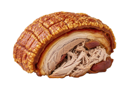 Perfectly slow-roasted Pernil with golden crispy crackling skin & tender succulent meat, isolated on transparent background, bright studio lighting, no shadows, concept for commercial food