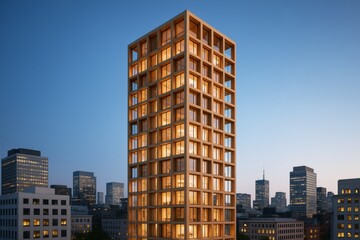 Fototapeta premium Modern high-rise building with illuminated windows against twilight cityscape background, showcasing architectural concept and lighting design style. Ai generative