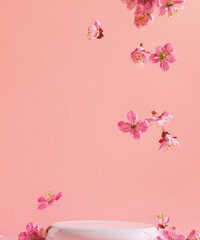 pink podium display. Sakura pink flower falling. Cosmetic or beauty product promotion step floral, pastel pedestal. Abstract minimal advertise.
