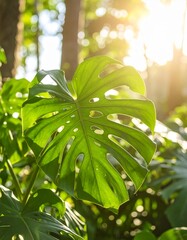 A macro shot of a Monstera plant in natural daylight
