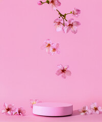 pink podium display. Sakura pink flower falling. Cosmetic or beauty product promotion step floral, pastel pedestal. Abstract minimal advertise.