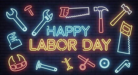 Neon Happy Labor Day Celebration with Tools