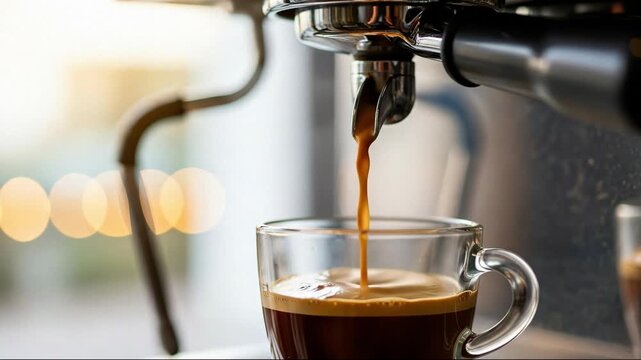 Close-up slow motion of rich espresso pouring smoothly from machine portafilter into clear glass cup with blurred background