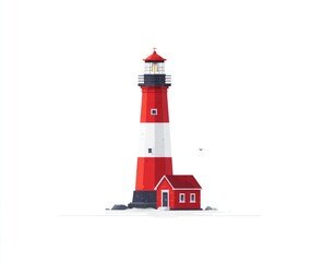 Red and white lighthouse with small house