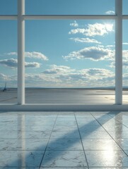 Sunny day view through large window, reflecting on marble floor