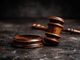 Wooden gavel and sound block on a marbled surface, dark background, courtroom concept