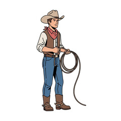 A confident cowboy character, dressed in classic western attire, stands prepared with his coiled rope.