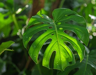 A macro shot of a Monstera plant in natural daylight
