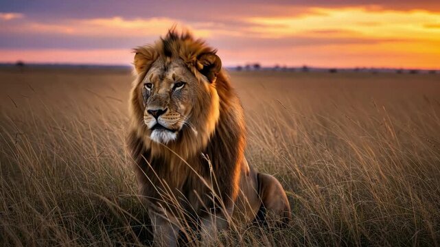 Majestic lion resting in tall grass under a vibrant orange and pink sunrise on the open savanna