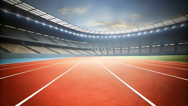 Modern Athletic Stadium with Professional Running Track Under Dramatic Sky