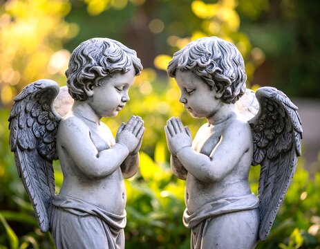 Two cherubic angels in prayer, bathed in golden light