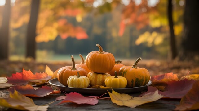 Autumn harvest of small pumpkins arranged on a plate surrounded by colorful fallen leaves in a forest setting