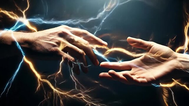 Hands nearly touching with vibrant electric sparks arcing in dark dramatic atmosphere conveying powerful energy connection