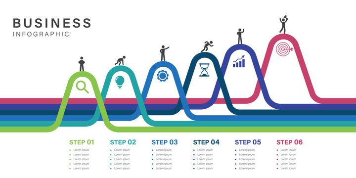 Infographic flow chart mountain business 6 steps to success template with icons design for business presentation