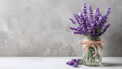 Lavender bouquet in a glass jar on a textured background