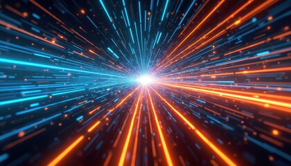Obraz premium Dynamic illustration of data migration with light streaks in blue, orange. Visualizes cyberspace, digital information transfer, network connections, fast data transmission. Abstract background