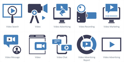 A set of 10 mix icons as video search, video, video advertising