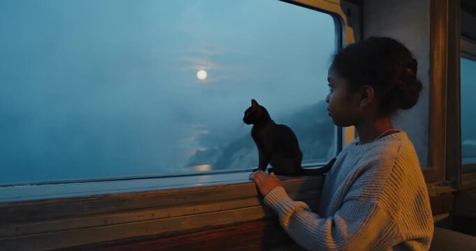 Child watching cat by window at night