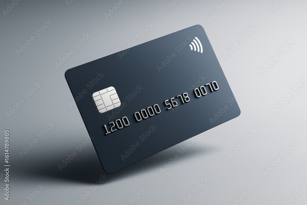 Poster minimalistic dark credit card mockup with chip and nfc symbol floating on light gradient background 