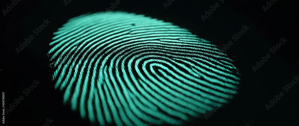 Poster glowing fingerprint on dark background intricate patterns and details symbolizing identity and secur