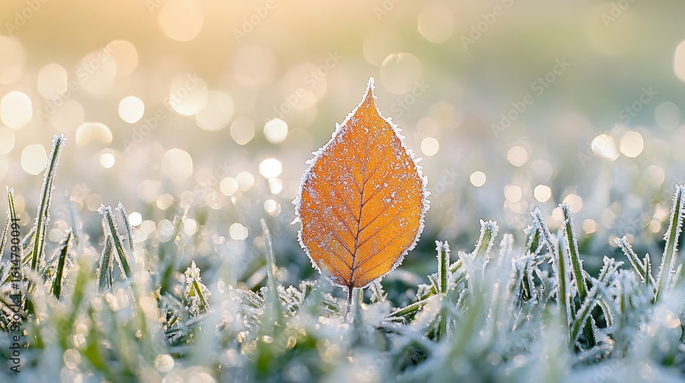 Poster frosted leaf on grass with glimmering bokeh background at dawn