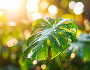 A macro shot of a Monstera plant in natural daylight