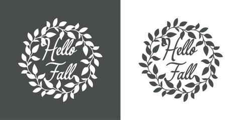 Logo con texto manuscrito hello fall con corona de hojas de árbol en rama para felicitaciones y tarjetas © teracreonte