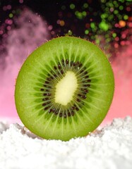 Kiwi slice on powdered surface with colorful background