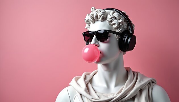 Classical marble statue bust with headphones, sunglasses, and pink bubblegum. Modern interpretation blends ancient art with contemporary fashion and vibrant pastel pink background.
