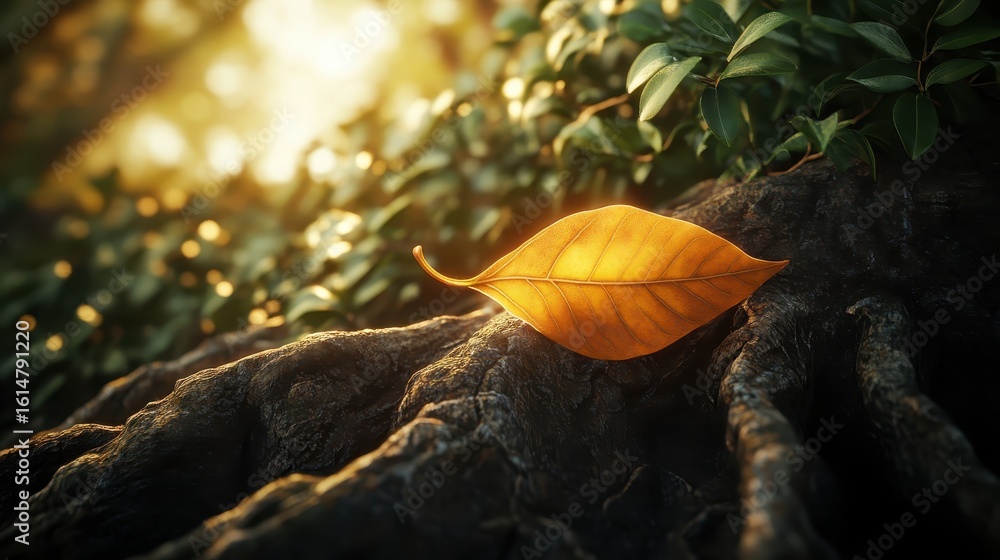 Poster glowing leaf on tree roots in warm sunlight with soft background