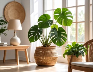 Monstera plants are planted in pots, arranged neatly indoors as decoration
