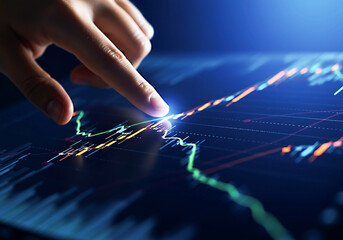 A finger touches a stock market chart on a digital screen displaying financial data and analysis