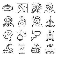 Dive into the depths of underwater exploration with this captivating collection of detailed icons. It showcases the wonders of ocean discovery through meticulously crafted line art. 