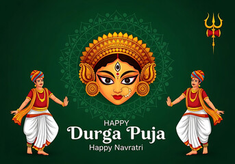 Goddess Durga face with dancers and trident on green background