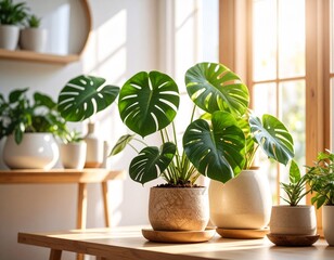 Monstera plants are planted in pots, arranged neatly indoors as decoration