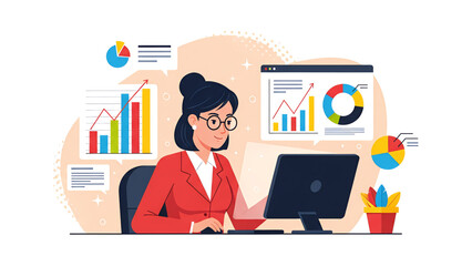 Professional businesswoman at a desk analyzing financial data reports on her laptop computer.