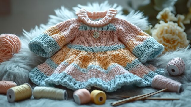 Cozy knitted baby dress in pastel colors laid on a fluffy surface with tiny socks thread spools and knitting needles placed neatly around it
