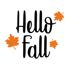 Logo con texto manuscrito hello fall con silueta de hojas de arce para felicitaciones y tarjetas © teracreonte