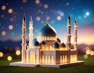Illuminated mosque model at twilight