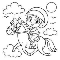 Kawaii Child Riding Gentle Therapy Horse with Big Eyes – Hand-Drawn Vector Illustration for Coloring Book and Emotional Support Themes