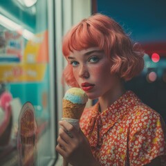 Young Woman with Pink Hair and Freckles Eating Ice Cream