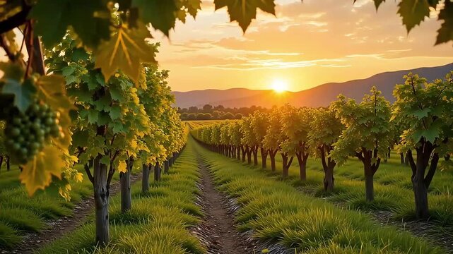 Grapes hanging on vine in vineyard at sunset with rows of trees and mountains in the background view