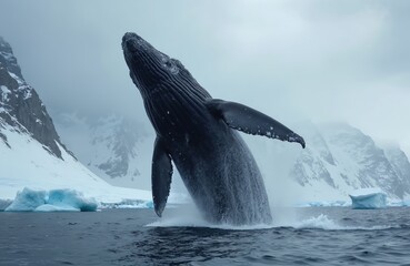 Fototapeta premium Majestic humpback whale soars above water with powerful tail flapping. Distinctive black, white patterned body visible. Snow-capped mountains under cloudy sky backdrop. Humpback whale in Antarctica.
