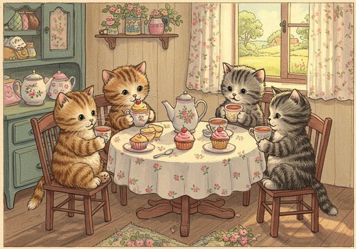 Four cute kittens having a tea party, drinking tea and eating cupcakes. Adorable illustration for kids and International Cat Day.