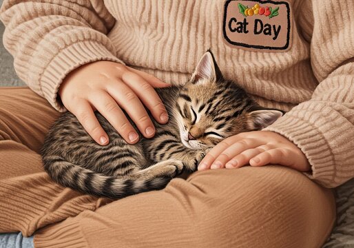 Child with a pet. A little tabby kitten sleeps peacefully on a person's lap. Cozy pet care and feline love concept for International cat Day.