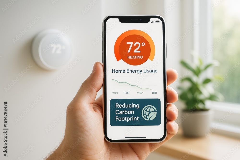 Poster smart home energy monitoring app displayed on smartphone showing heating usage and carbon footprint 